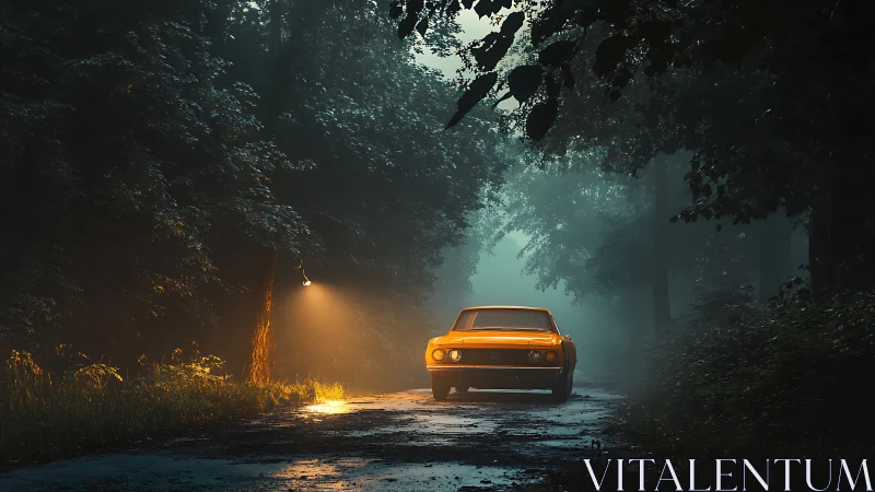 Retro orange coupe on wet forest road under moody volumetric light