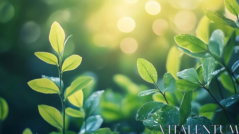 Sunlit Fresh Green Leaves with Dew in Soft Focus Nature Style.