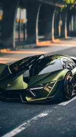 Low-angle view of futuristic green supercar on city street.