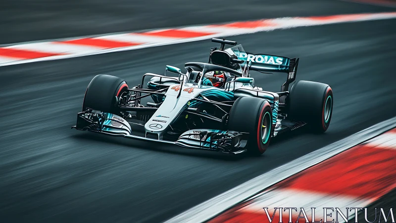 Roaring silver Formula 1 car slices through a bright racetrack