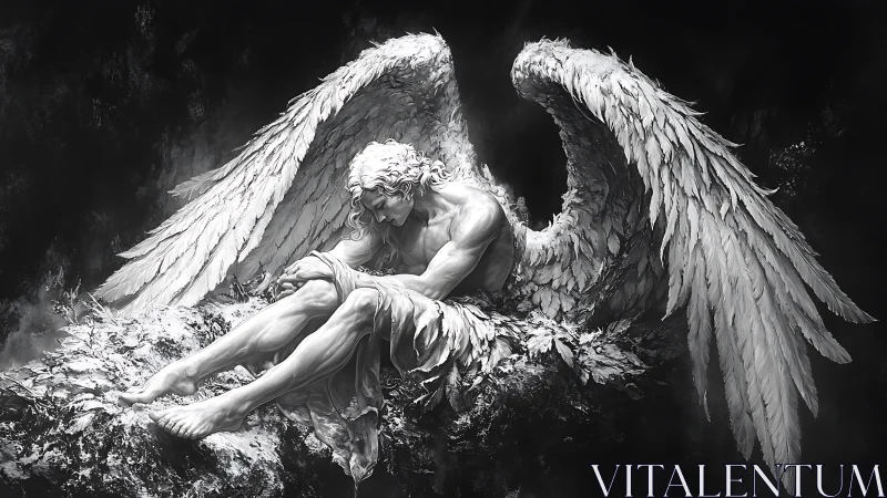 Monochrome winged humanoid figure seated on rocky ledge.