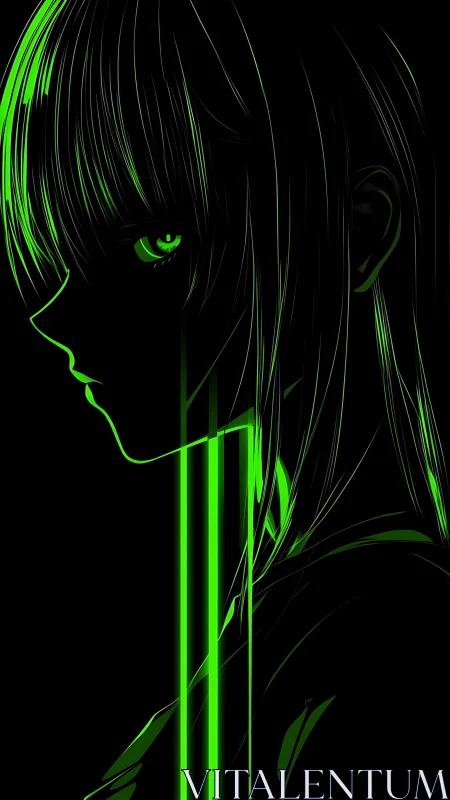 Side profile silhouette shows neon green anime character