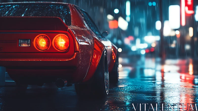 Red sports car in rainy neon-lit urban street scene at night.