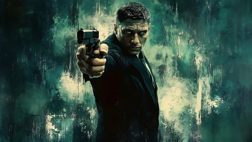 Man in suit aiming handgun against dark abstract backdrop.