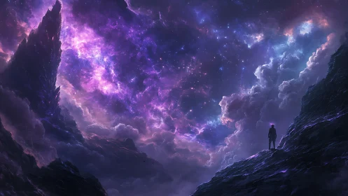 Silhouette observes luminous purple nebula over rocky cliffs