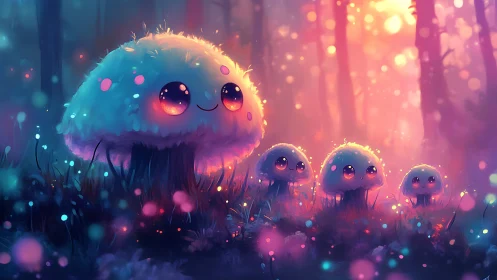 Stylized glowing mushrooms with faces stand in a misty forest