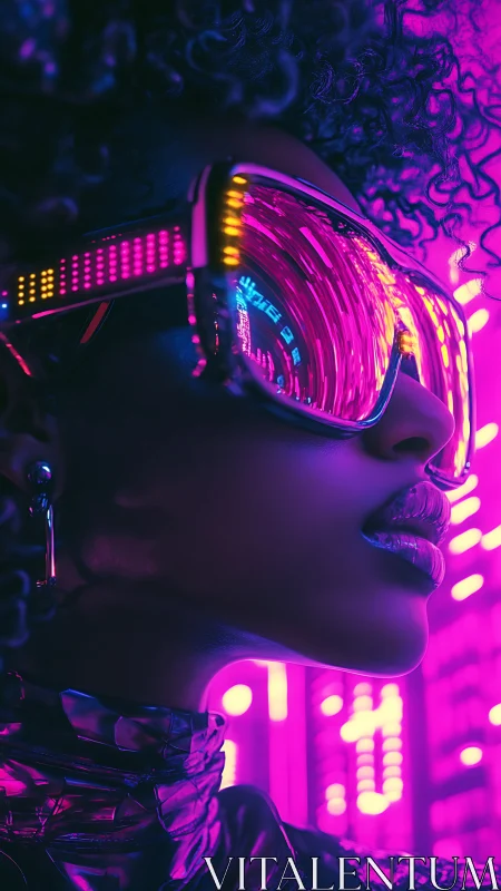 Neon city dreamer gazes ahead in glowing cyber shades