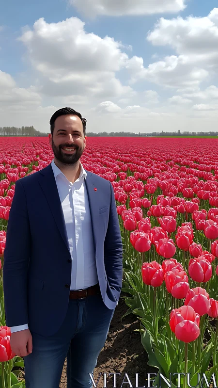 Business professional standing in vibrant pink tulip fields.