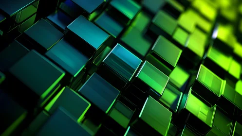 Abstract 3D Green and Blue Cubes Pattern, Futuristic Digital Art.