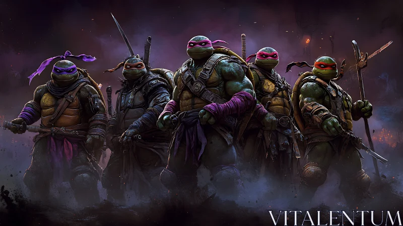 Armored ninja turtles stride through neon-smoked battle dusk.