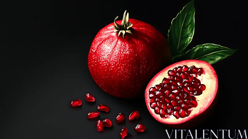 Glossy pomegranate still life on deep black background.