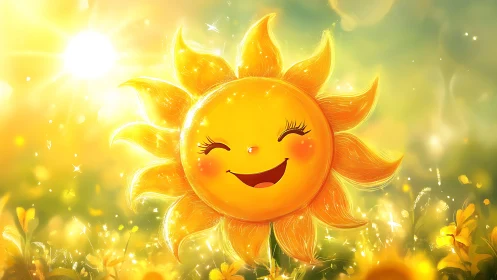 Smiling cartoon sun glows above golden flower meadow.