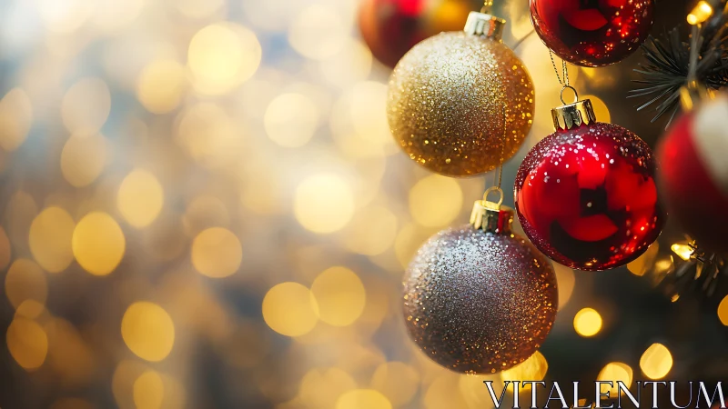 Golden bokeh frames shimmering red and gold ornaments.
