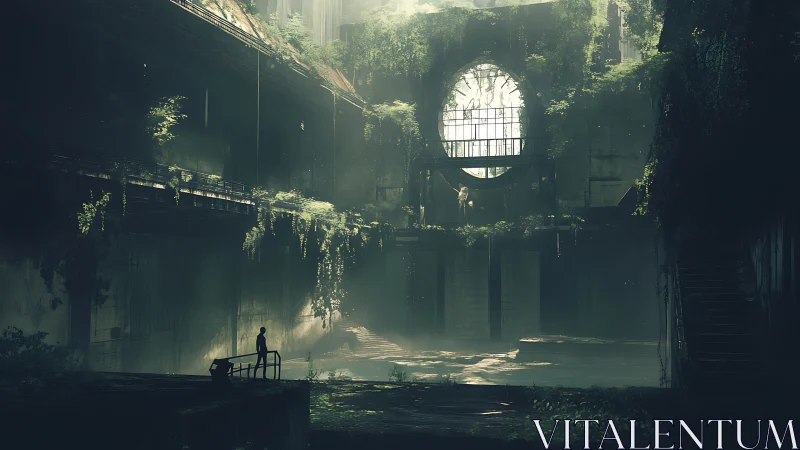 Quiet explorer in a sunlit, overgrown industrial hall.