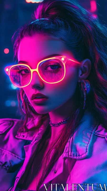 Neon lit woman wearing glowing glasses in vibrant portrait