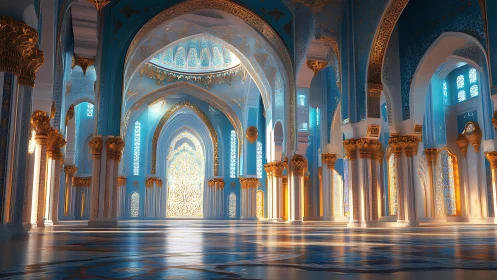 Parametric azure arcade with luminous arabesque vaulting.