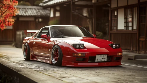 Crimson street tuner rests calmly in a quiet Japanese lane