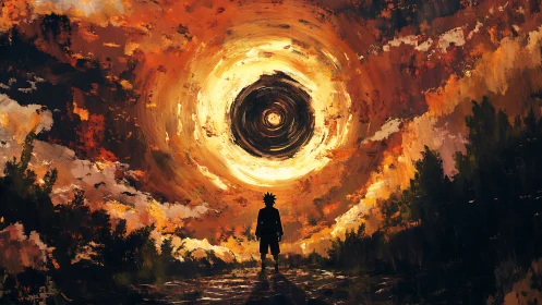 Vortex sky convergence around silhouetted lone observer figure.