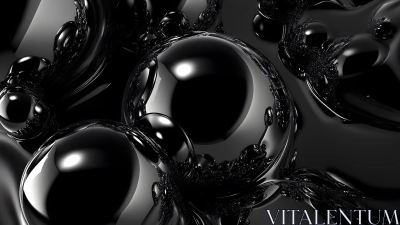 Liquid black chrome spheres with high-gloss reflections.