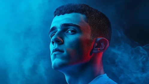 Neon mist crowns a young face carved from cold starlight