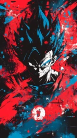 Saiyan warrior portrait explodes through red blue chaos.