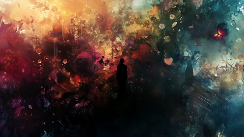 Silhouette stands before dense abstract color and light field