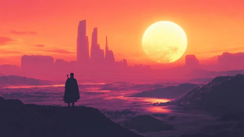 Lone wanderer studies a neon desert city at molten sunset