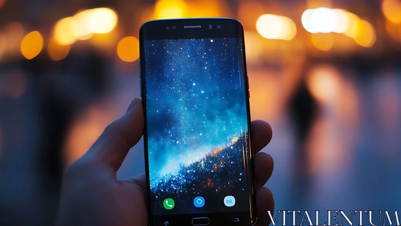 Starlit smartphone quietly turns a busy city street cosmic