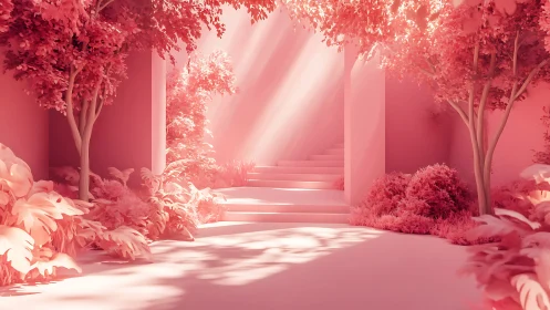 Sunlit pink garden staircase inviting quiet daydreams.