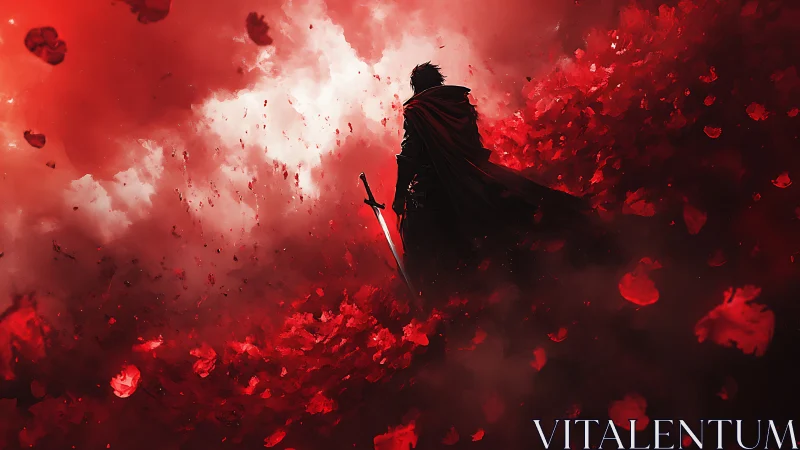 Lone swordsman stands in crimson storm of falling petals.