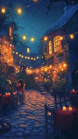 Soft lantern lights welcome a quiet evening village stroll