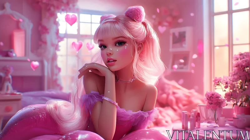 Dreamy pink anime girl relaxes in a romantic pastel bedroom