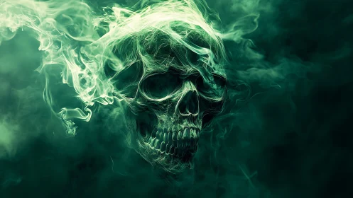 Ethereal emerald smoke skull with volumetric glow effects.
