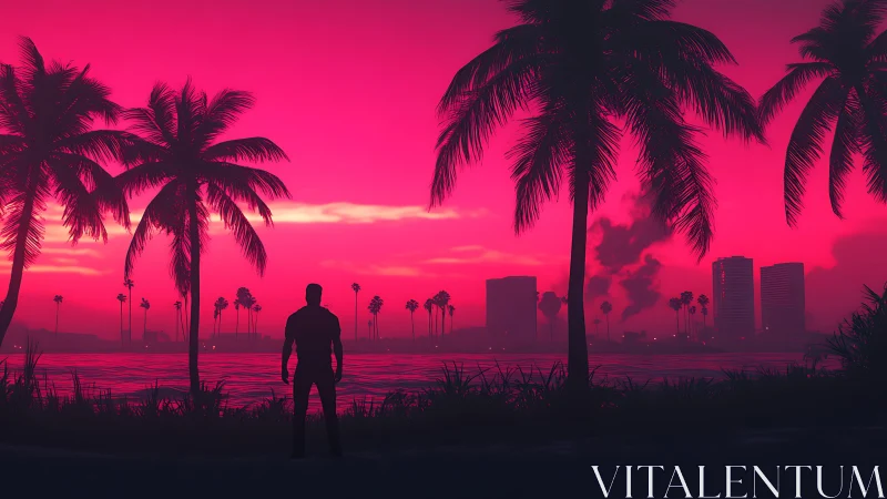 Neon dusk vigil over palm-framed cyber shoreline horizon.