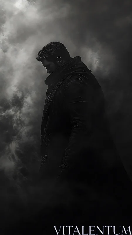 Solitary male silhouette emerges from shadowed storm clouds