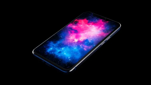 Smartphone display merges neon galaxy within sleek frame.