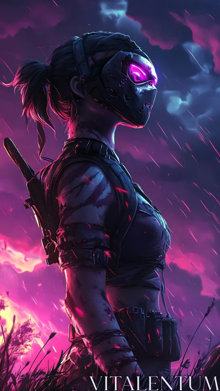 Masked cyberpunk warrior scans neon storm horizon silently