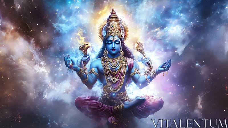 Digital painting of celestial blue deity in cosmic mandala space.