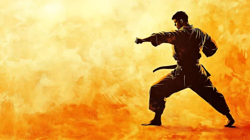 Digital painting of martial artist silhouette on blazing ground plane.