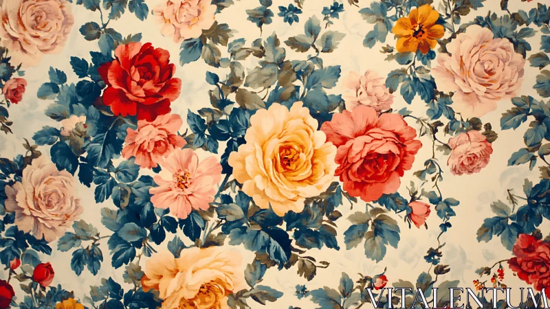 Bloom-soaked tapestry of roses in lush vintage reverie.