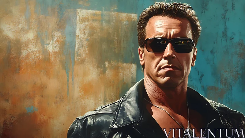 Tough leather jacket portrait against textured wall.