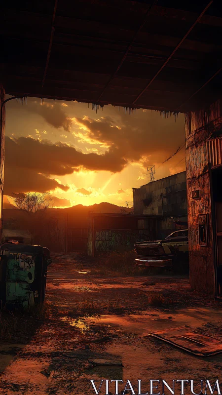 Sunset over decayed industrial yard framed by dark hangar