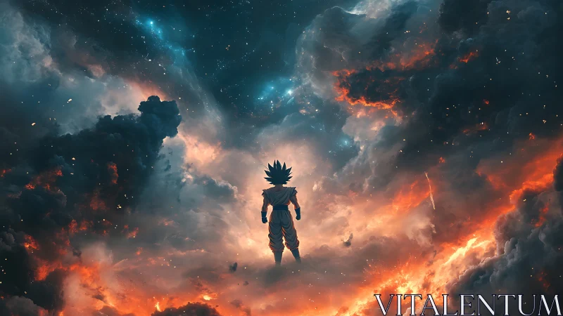 Backlit warrior silhouette suspended in turbulent cosmic nebula