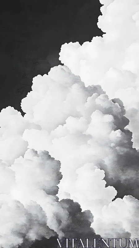 Monochrome cumulus cloud wall against dark sky.