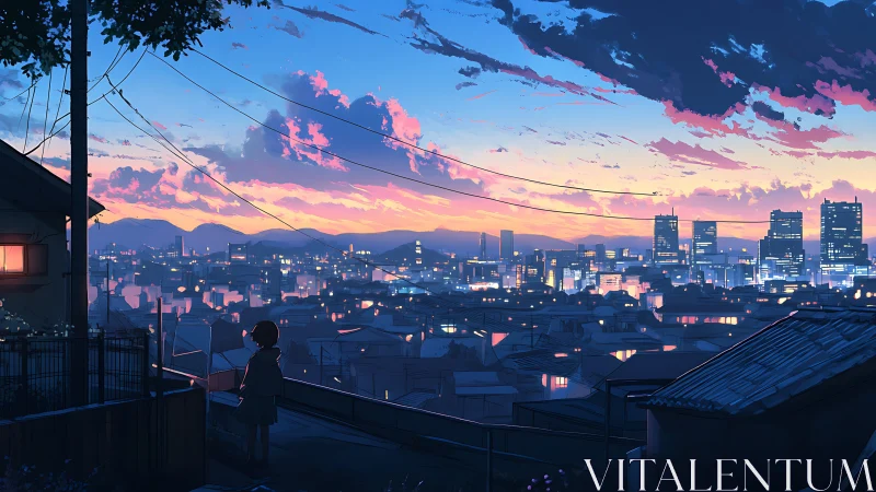 Girl watches illuminated city skyline at vibrant sunset