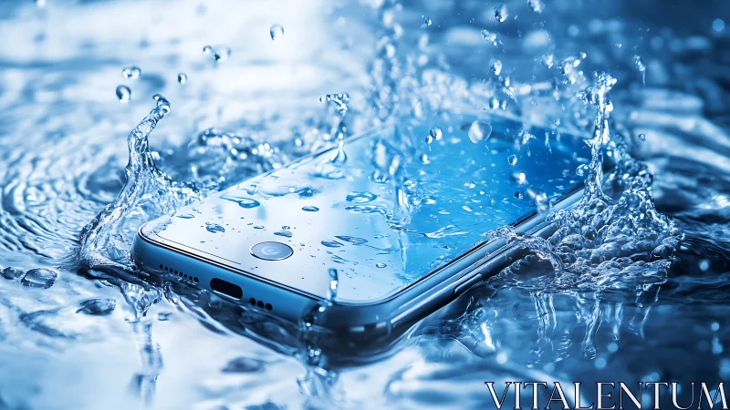 Waterproof smartphone resists dynamic splash impact in blue pool