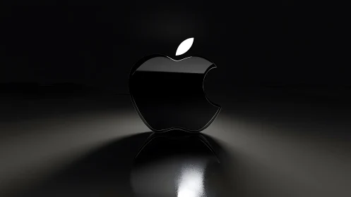 Glossy black apple emblem stands on reflective dark surface