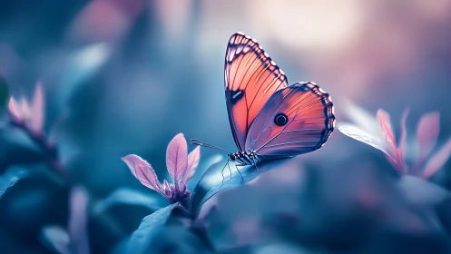 Twilight butterfly poised on dreamlit leaves of soft blue.