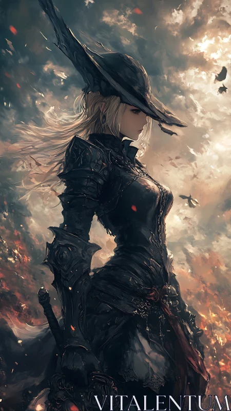 Stormlit witch-knight steadies dusk between burning worlds