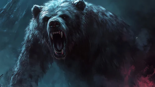 Ferocious spectral bear roars through icy storm haze.